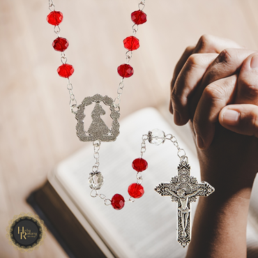 elegant crystal rosary online featuring sun-cut red beads and clear accents