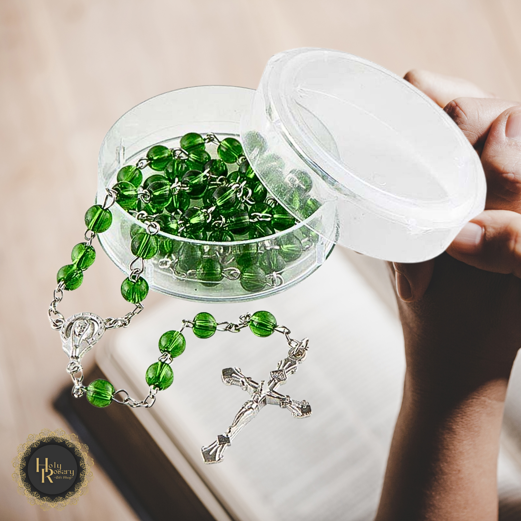 elegant emerald green rosary with 6mm round glass beads and traditional crucifix