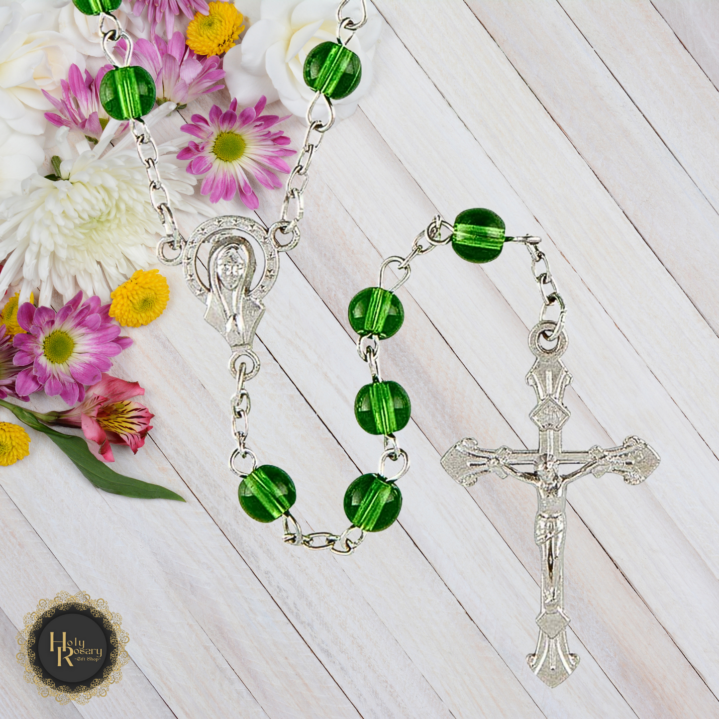 emerald green rosary beads for sale featuring vibrant glass beads and Miraculous centerpiece