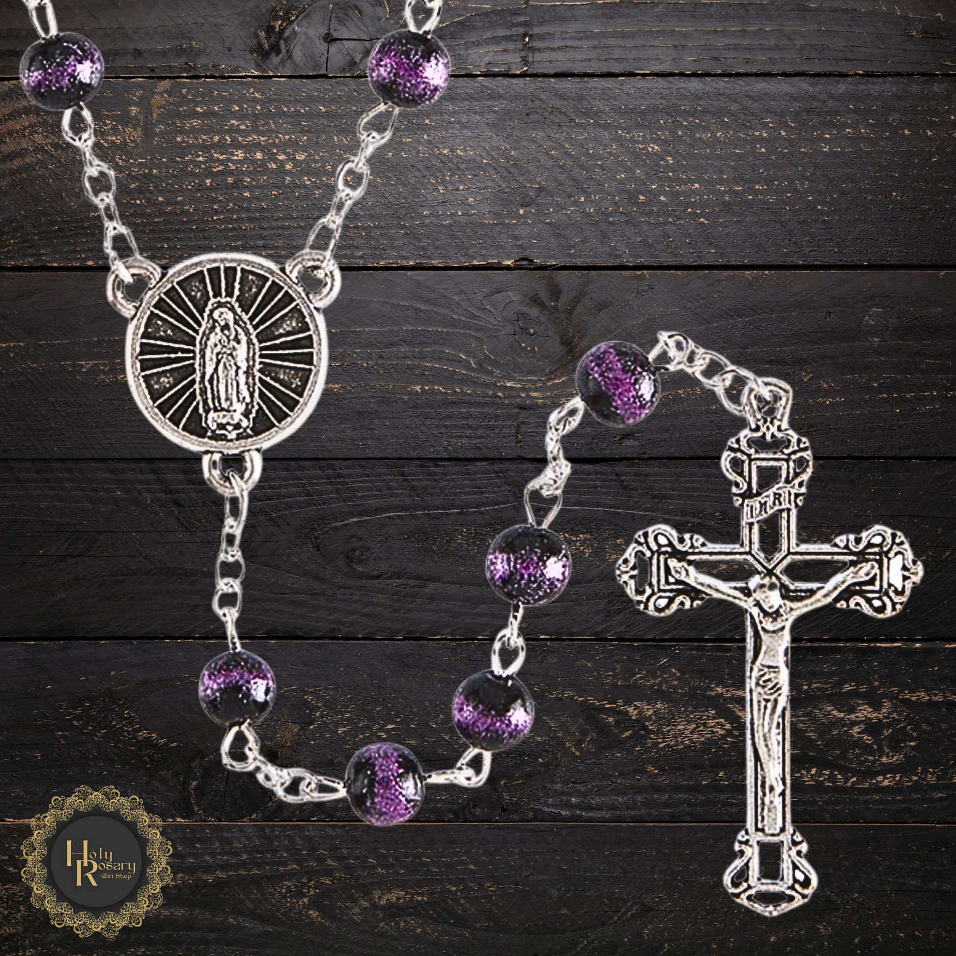 Full-length view of Our Lady of Guadalupe brilliant glass rosary