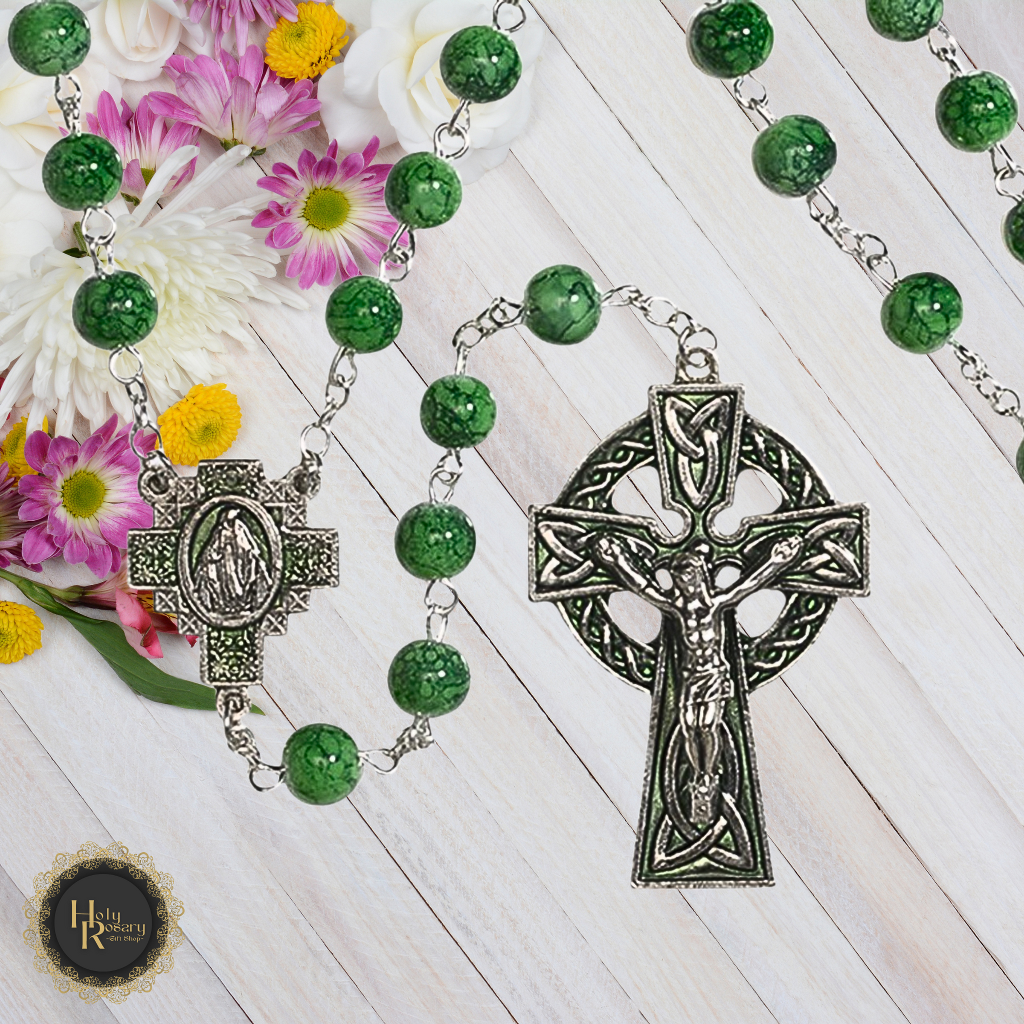 green marble anglican prayer beads for sale with Celtic crucifix design