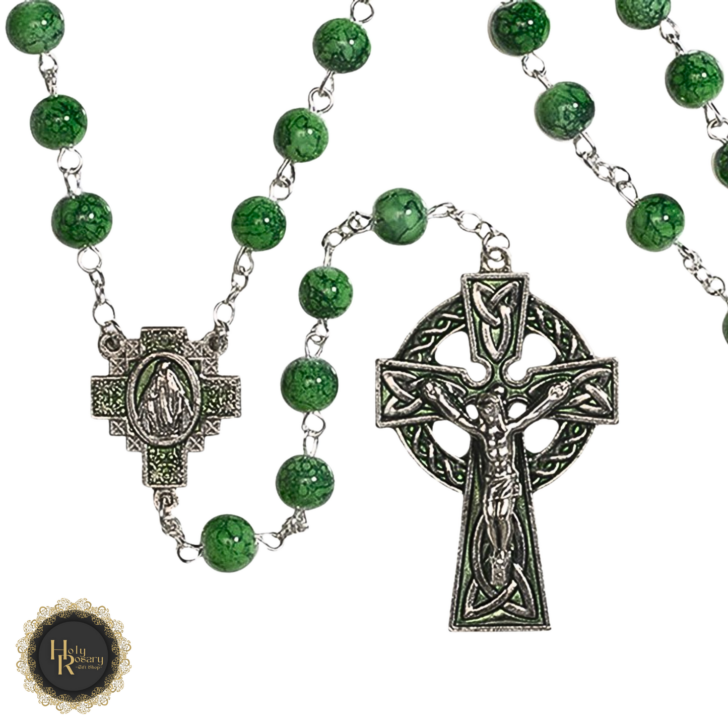 handcrafted anglican prayer beads with Irish-themed design and green epoxy