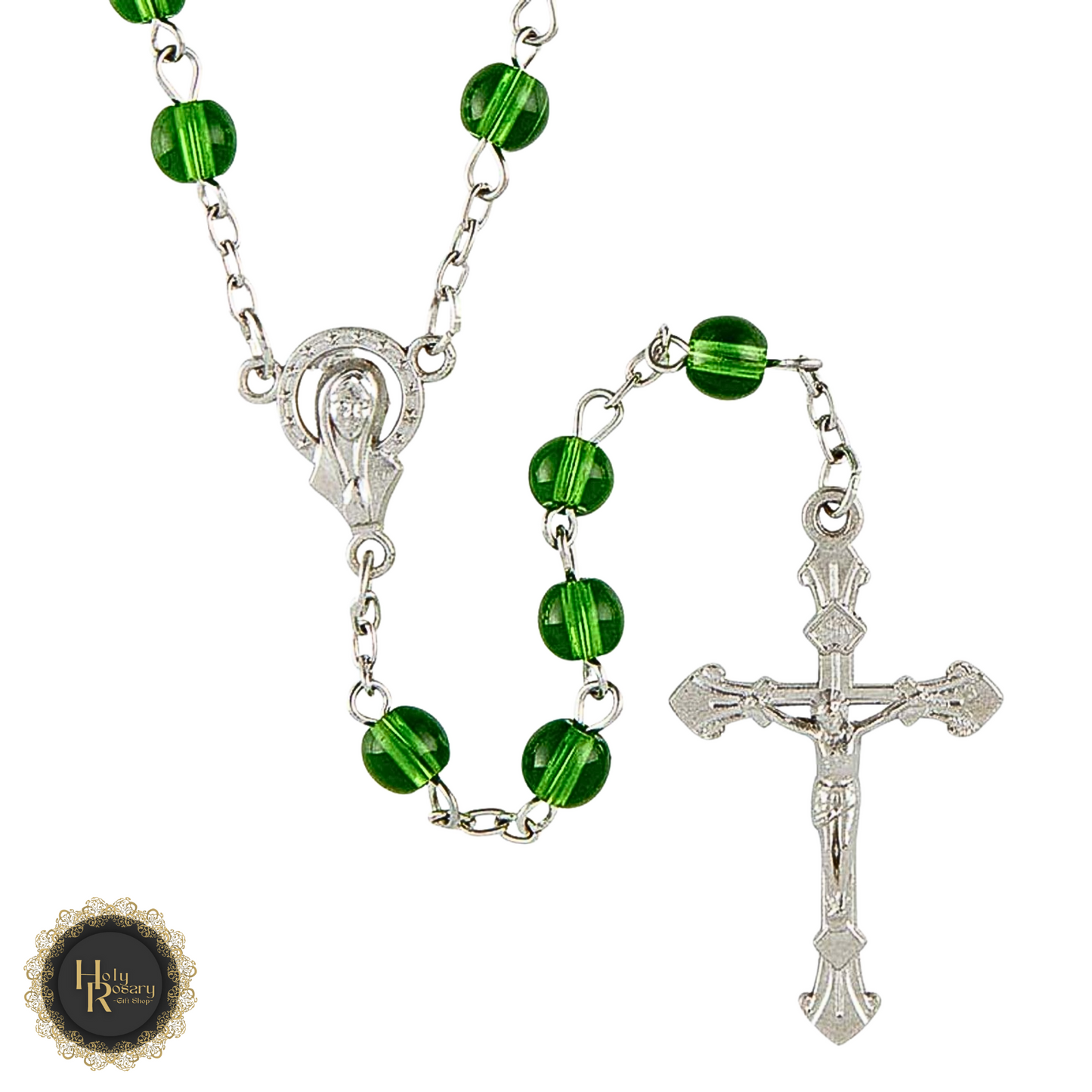 handcrafted emerald green rosary with silver-plated accents and acrylic gift box