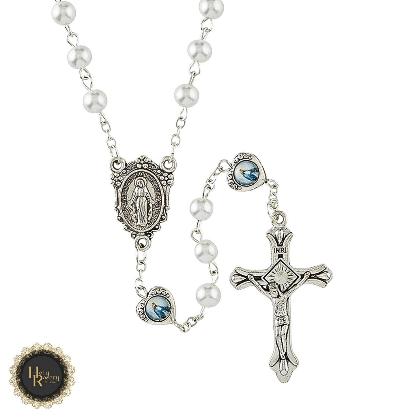 handcrafted mother of pearl rosary with silver Miraculous centerpiece