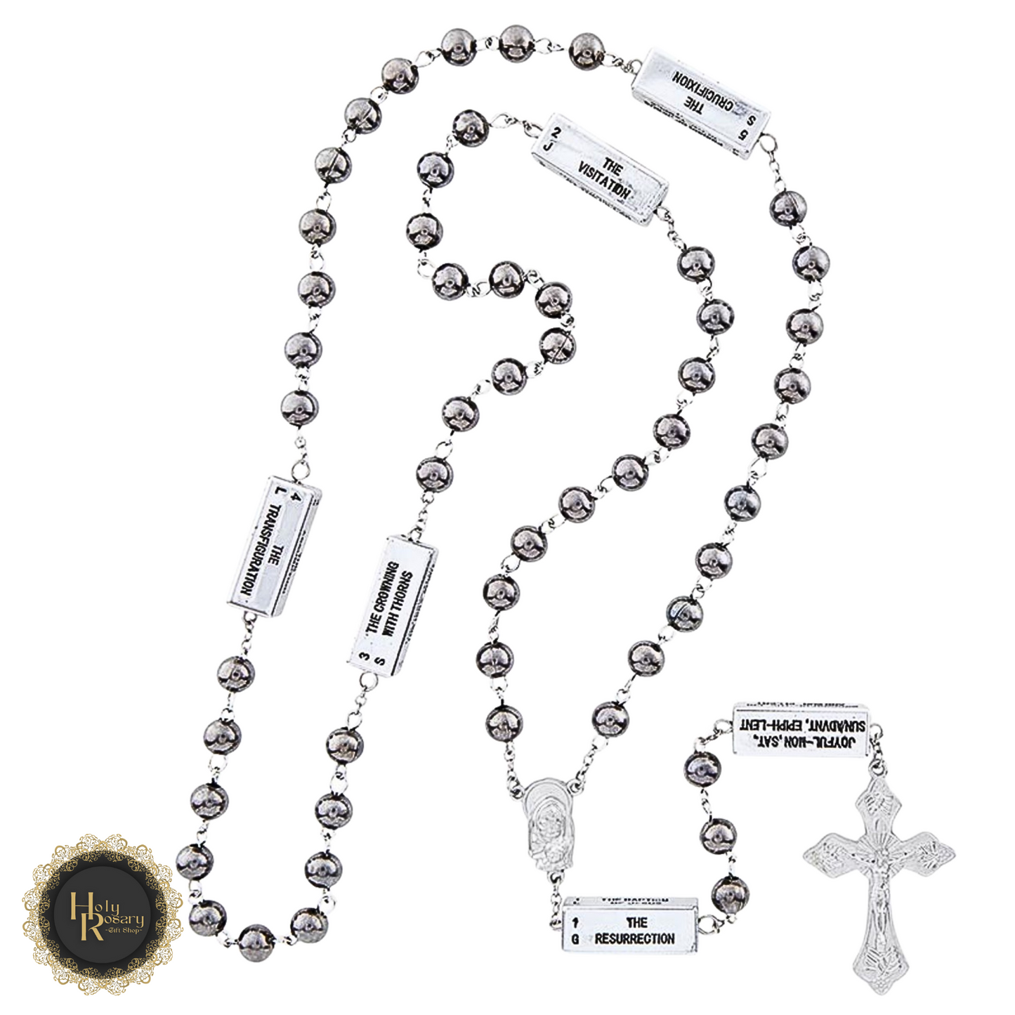 handcrafted rosary beads with mysteries including Madonna and Child centerpiece