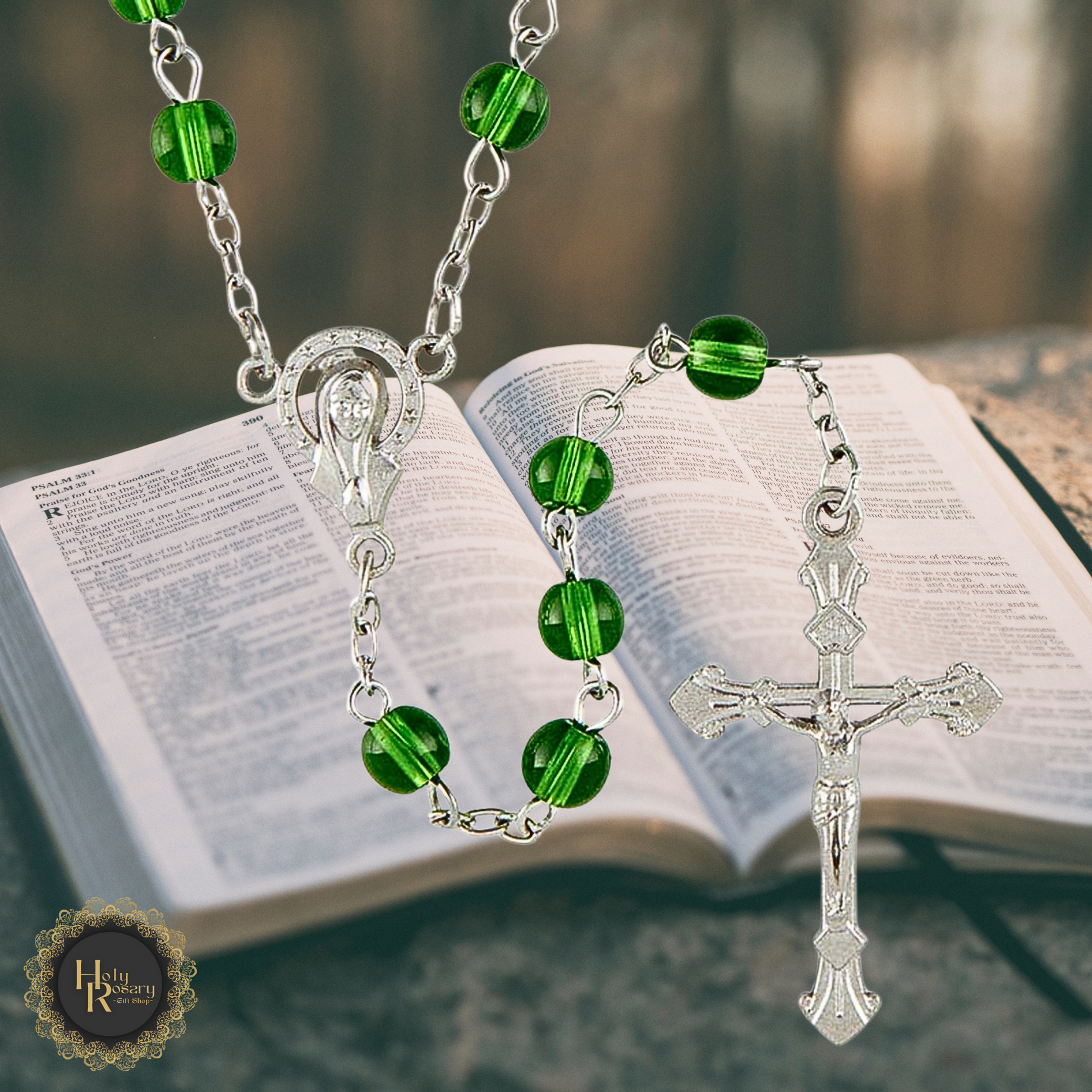 high-quality emerald green rosary with vibrant glass beads and durable construction