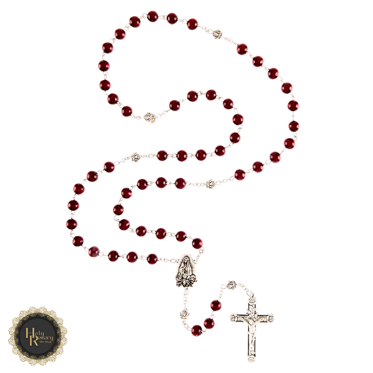 Rosary beads for sale featuring red wooden rosaries and necklaces