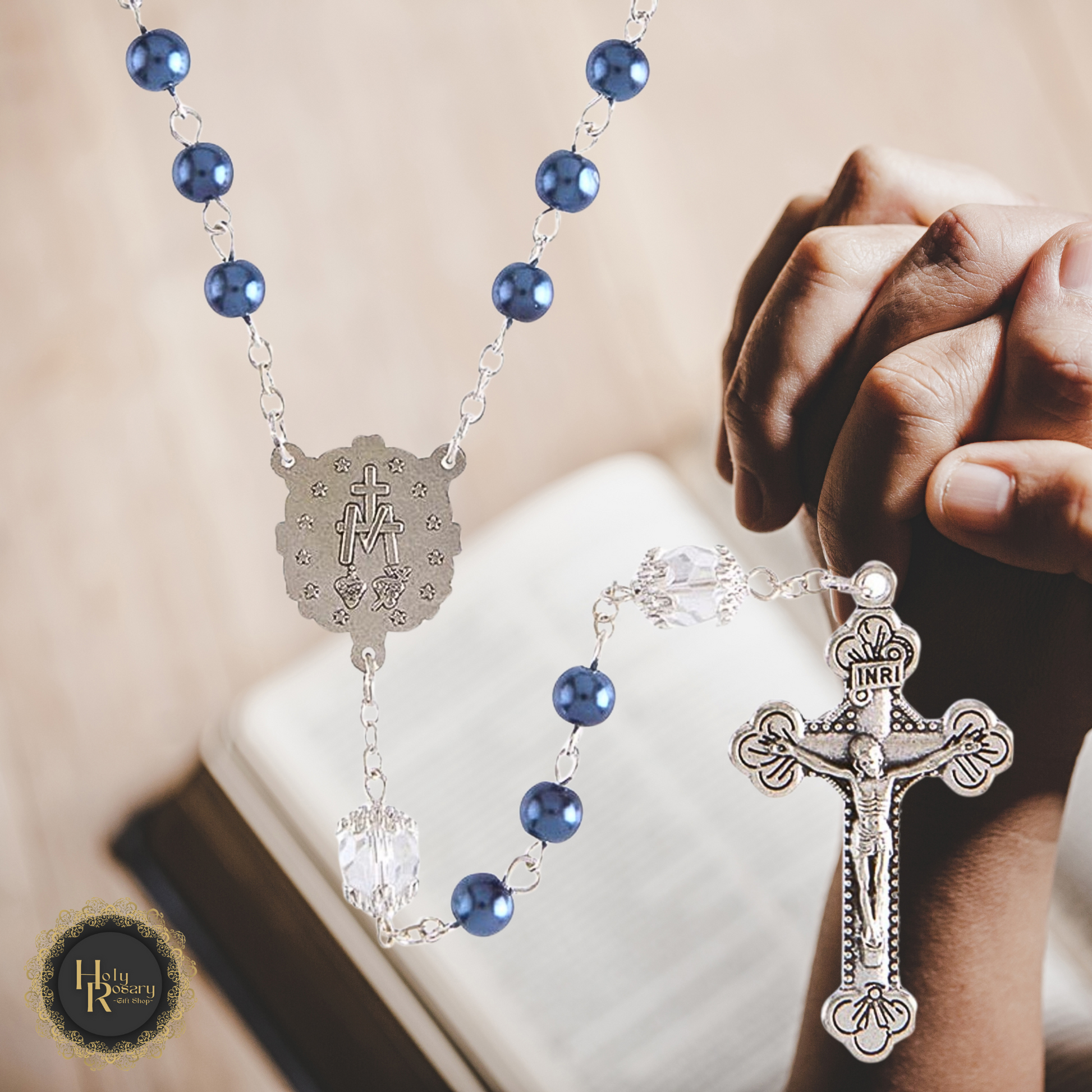 close-up of smooth pearl beads and crystal accents on the rosary necklace