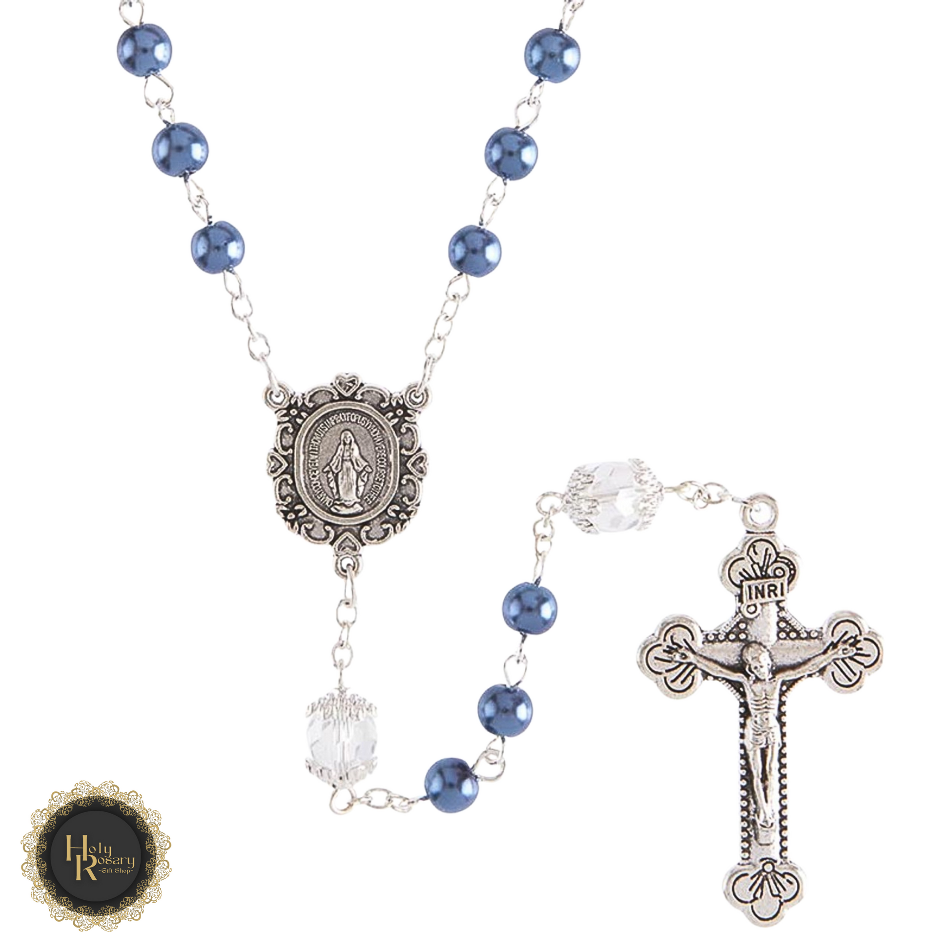 detailed view of the silver crucifix on the elegant pearl rosary necklace