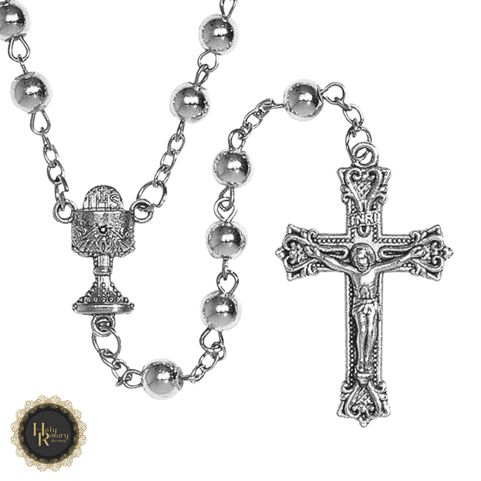 premium first communion rosary online with silver-plated accents