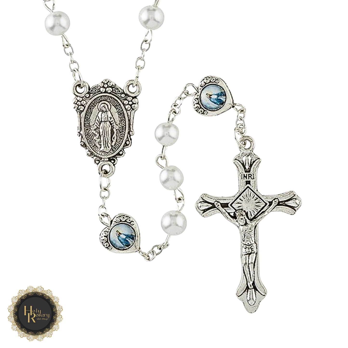 premium mother of pearl rosary online with unique heart-shaped Our Father beads