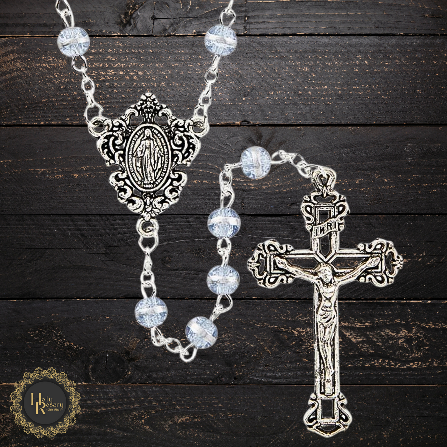 Durable stringing details of the violet rosary beads