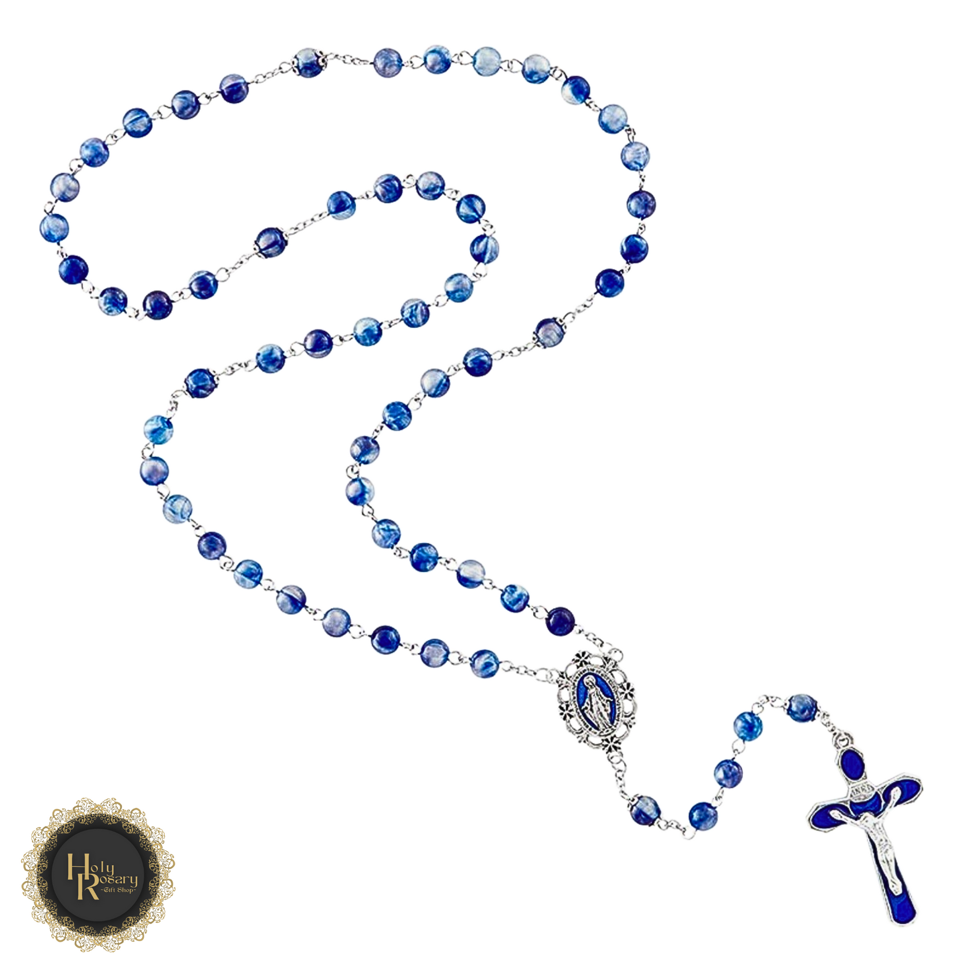 spiritual blue rosary beads with enamel Miraculous centerpiece