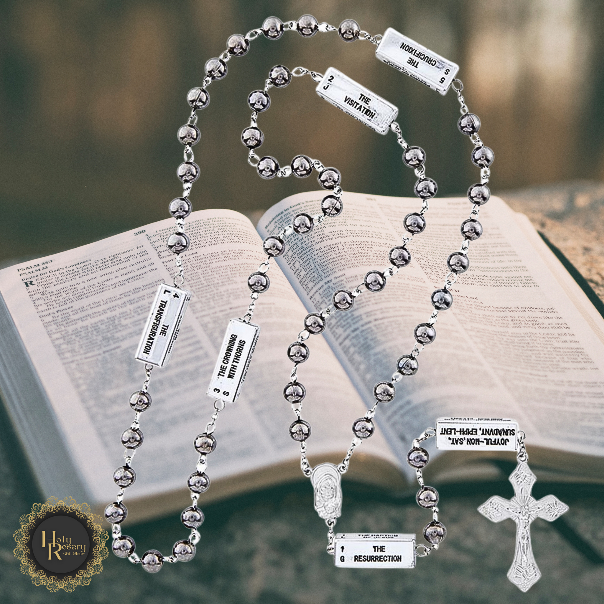 spiritual rosary beads with mysteries featuring all 20 Mysteries of the Rosary