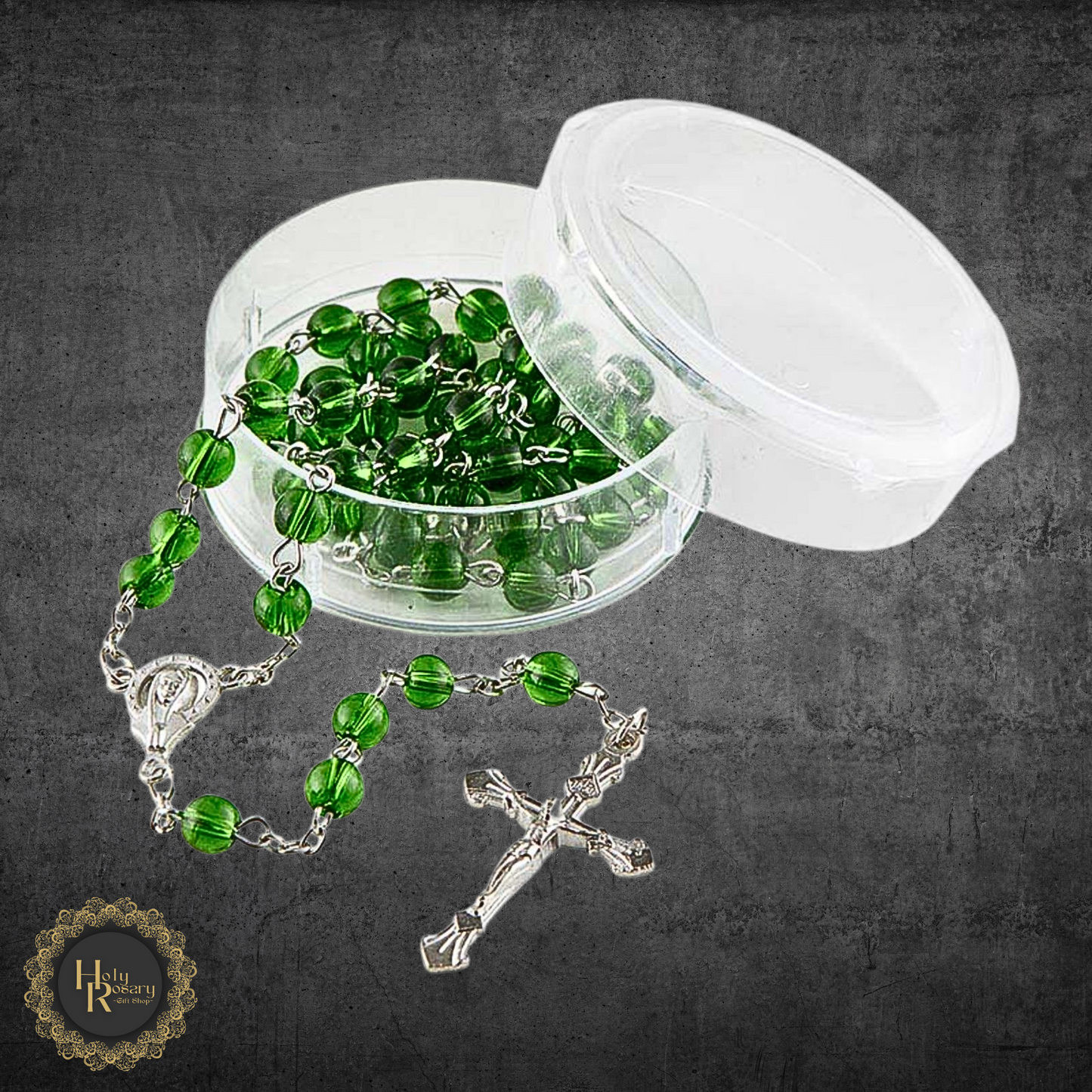 unique emerald green rosary design featuring a Miraculous centerpiece and traditional crucifix