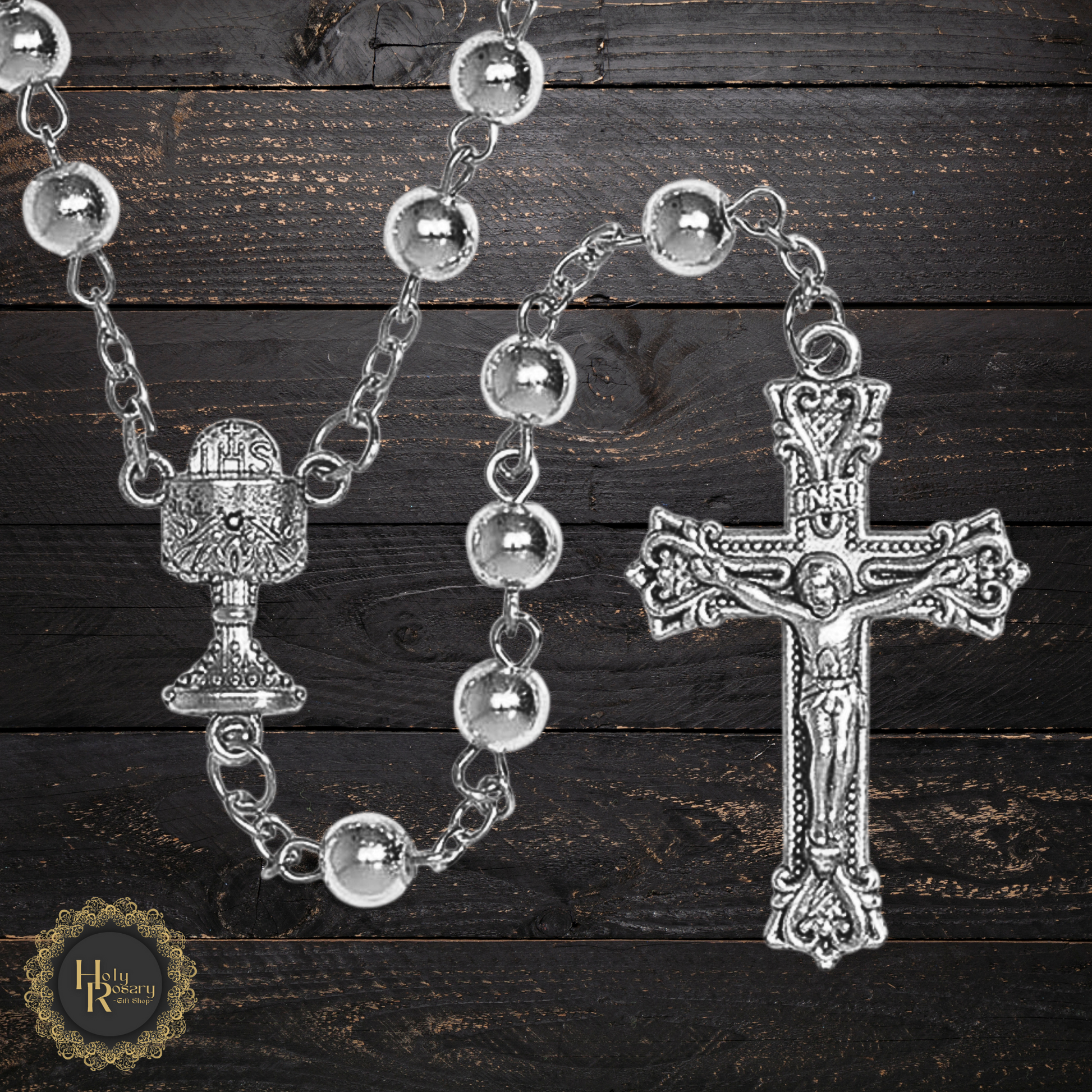 unique first communion rosary designs with chalice and host centerpiece